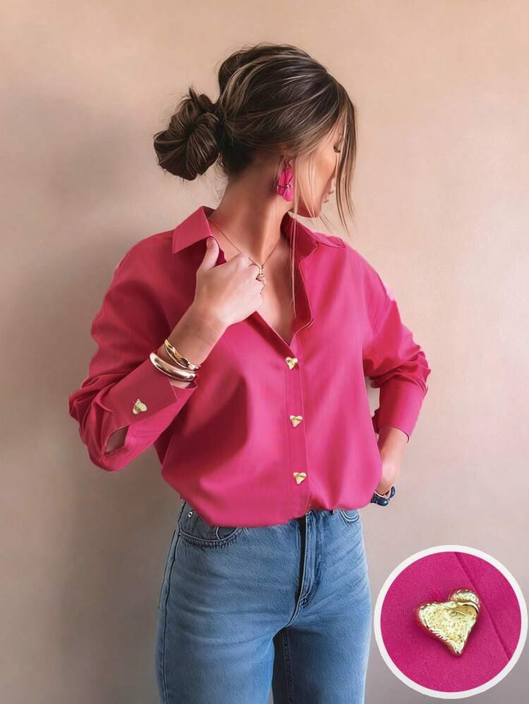 Pink Oversized Shirt with Gold Heart Buttons Pink Oversized Shirt with Gold Heart Buttons — Heart Outfits 2027