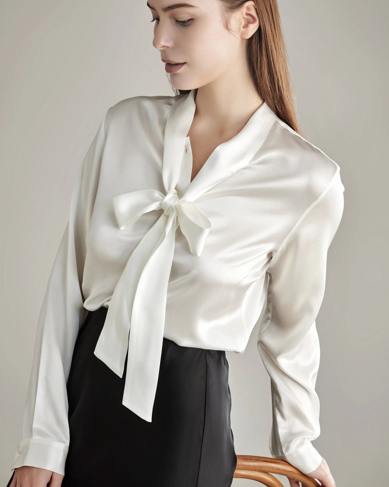 White Silk Blouse with Tied Bow Neck and Black Skirt for Classic Elegance White Silk Blouse with Tied Bow Neck and Black Skirt for Classic Elegance — Bow Tie Outfits for Women 2027