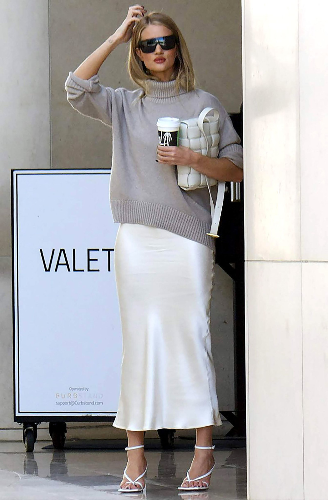 Ivory Satin Skirt with Relaxed Turtleneck and Strappy Sandals — Slip Skirt Outfits 2027
