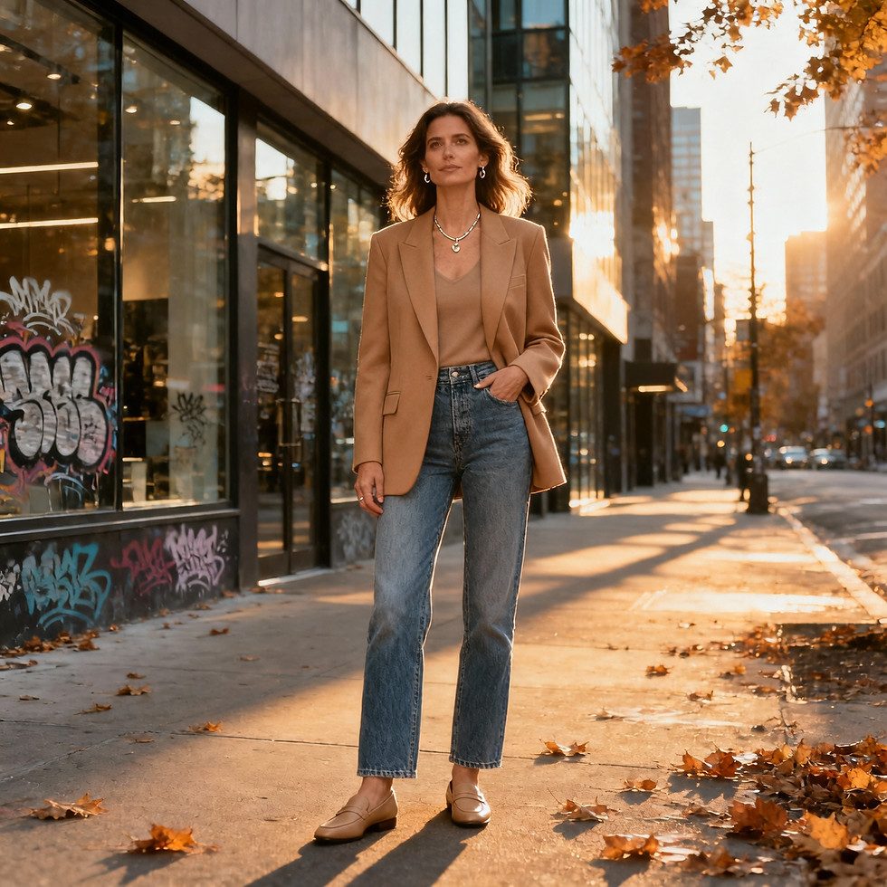 Camel Blazer with Tan Top and Blue Jeans — Fitted Blazer Outfits 2027