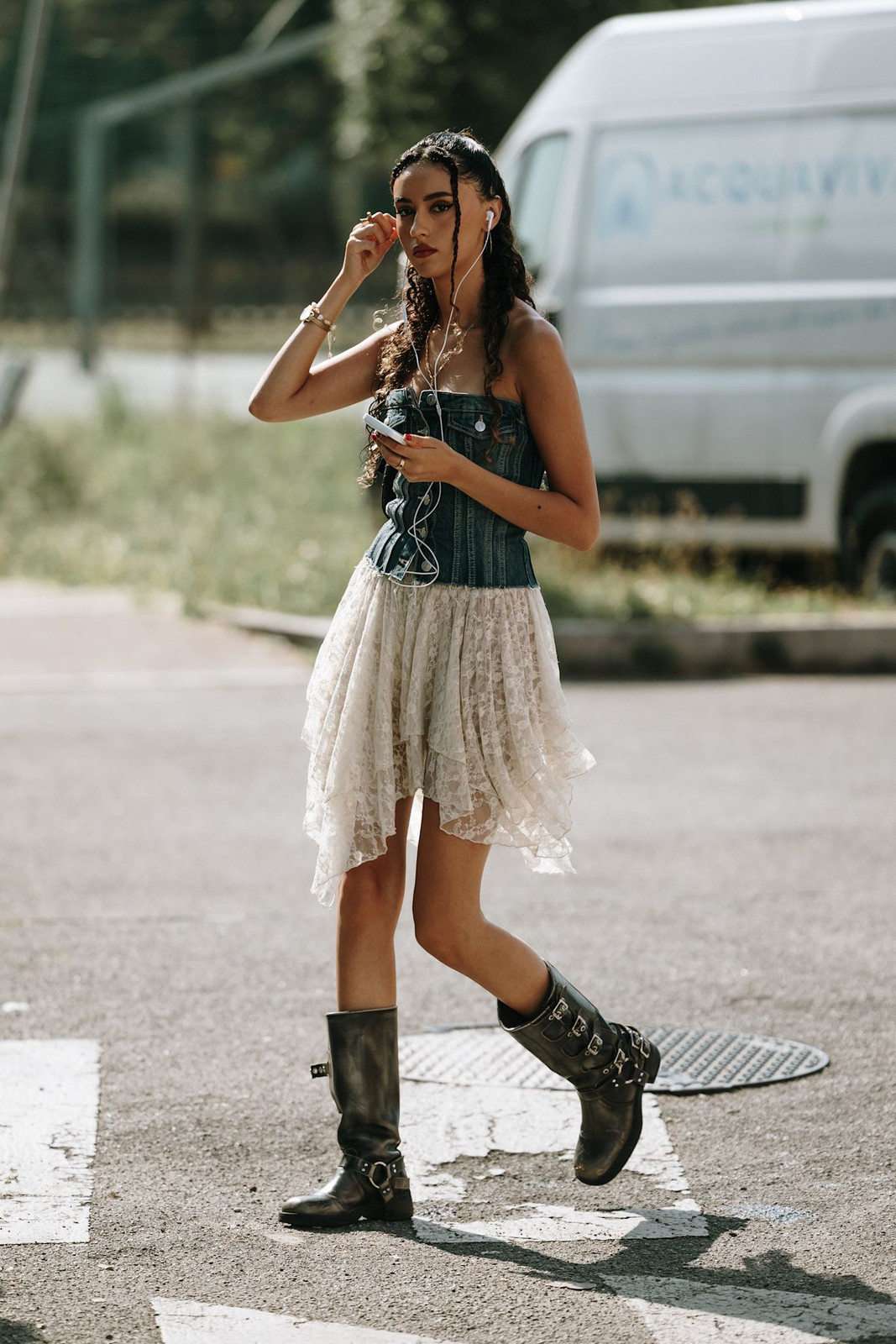 Denim Duo with Biker Boots and Lace Skirt Denim Duo with Biker Boots and Lace Skirt — Combat Boots Outfits 2027