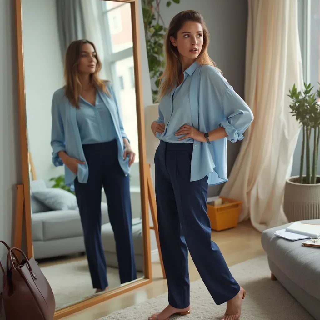 Relaxed Silhouette: Oversized Light Blue Shirt and Navy Trousers Relaxed Silhouette: Oversized Light Blue Shirt and Navy Trousers — Interview Outfits 2027