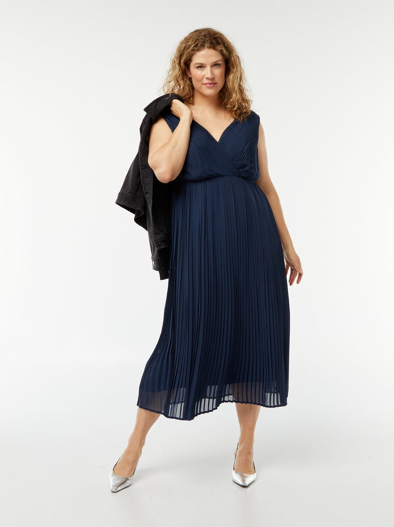 Navy Pleated Midi Dress Styled Casually with Denim Jacket Navy Pleated Midi Dress Styled Casually with Denim Jacket — Pleated Dress 2027