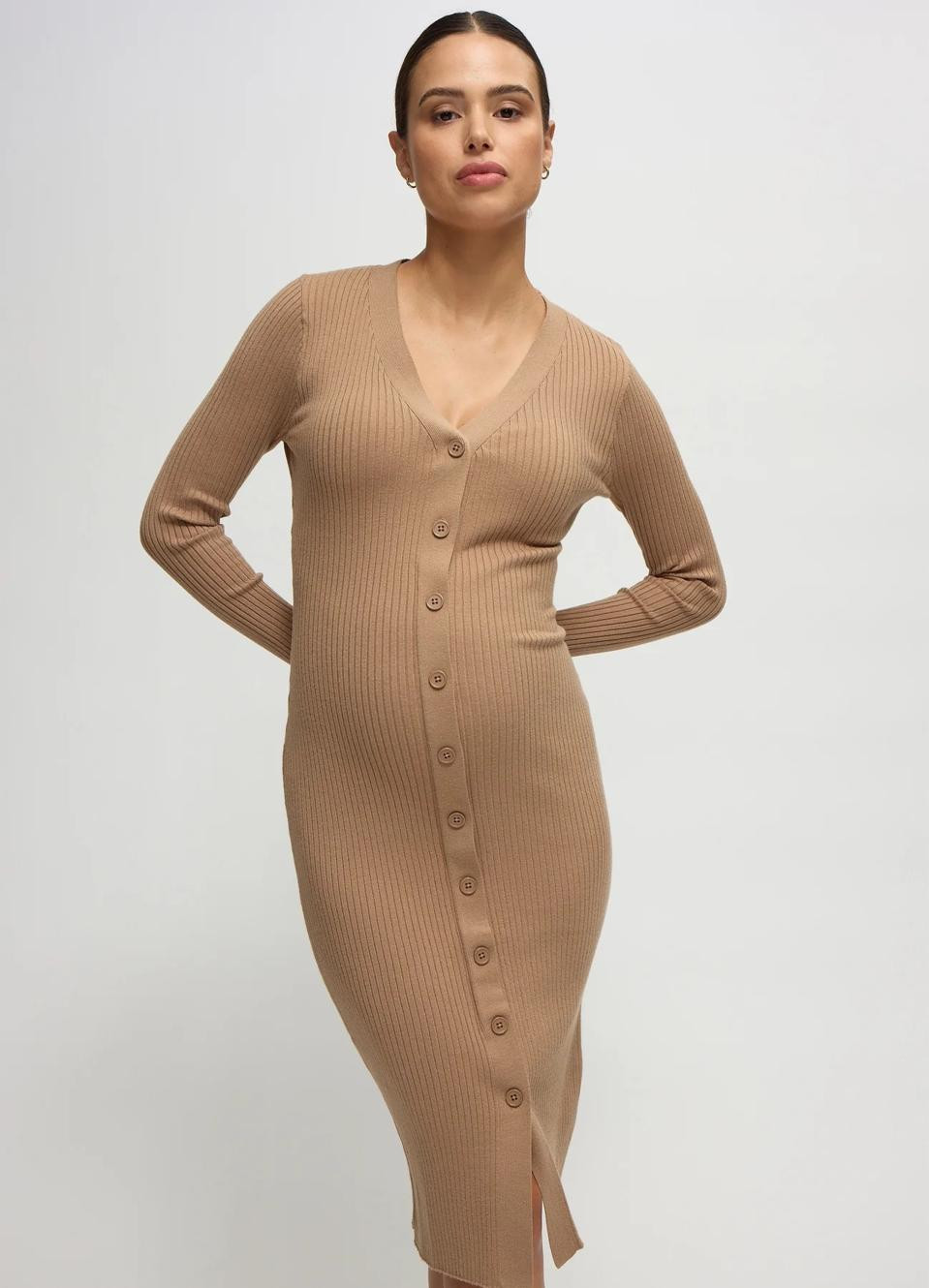 Everyday Maternity Style: Camel Ribbed Knit Midi Dress with Buttons Everyday Maternity Style: Camel Ribbed Knit Midi Dress with Buttons — Maternity Outfits 2027