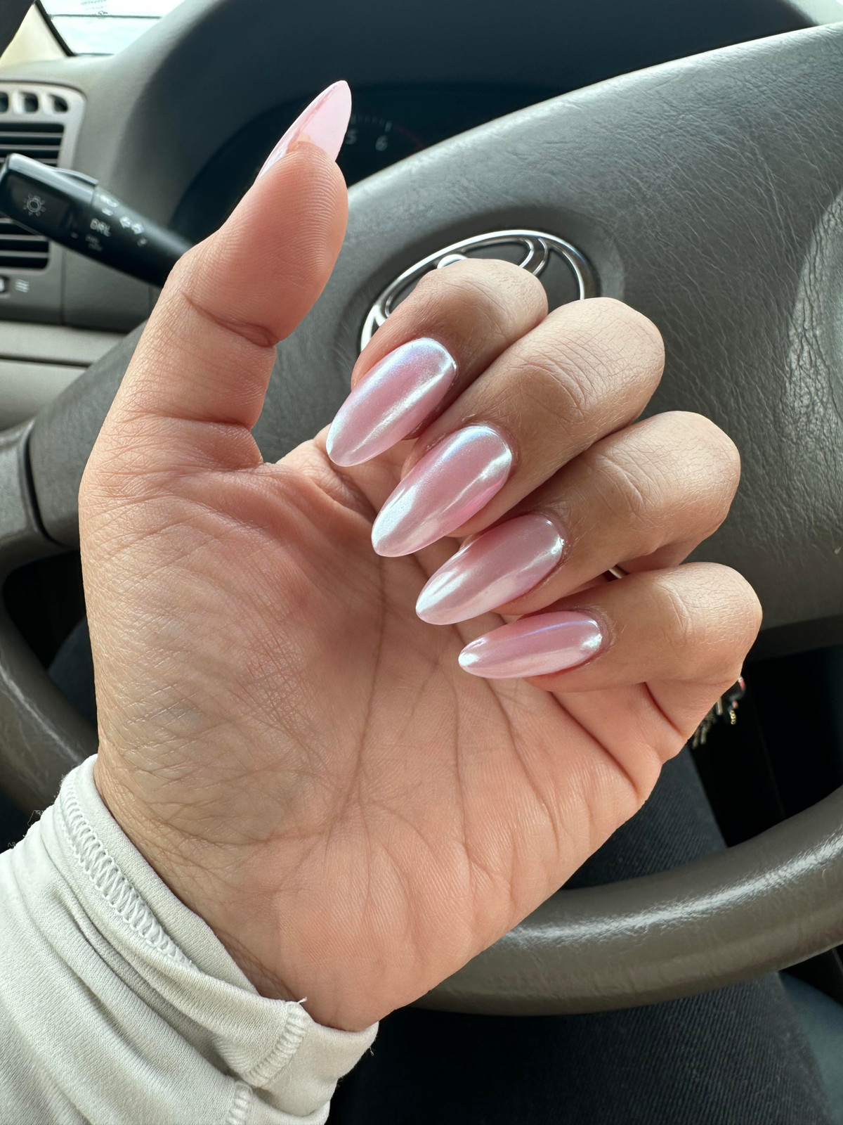 Baby Pink Pearlescent Chrome Almonds — Pink Chrome Nails 2027