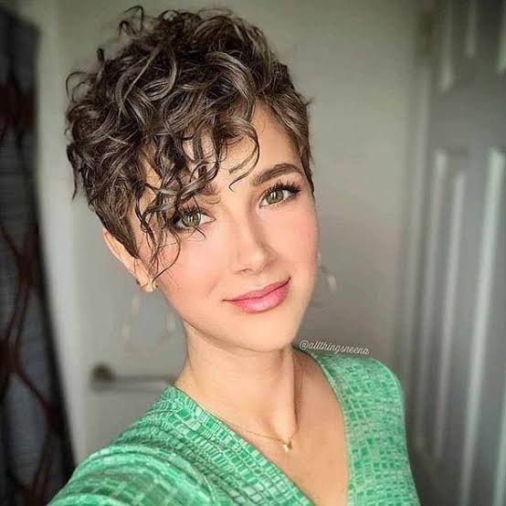 Front View Curly Dark Brown Pixie With Blonde Balayage Front View Curly Dark Brown Pixie With Blonde Balayage — Balayage Pixie 2027