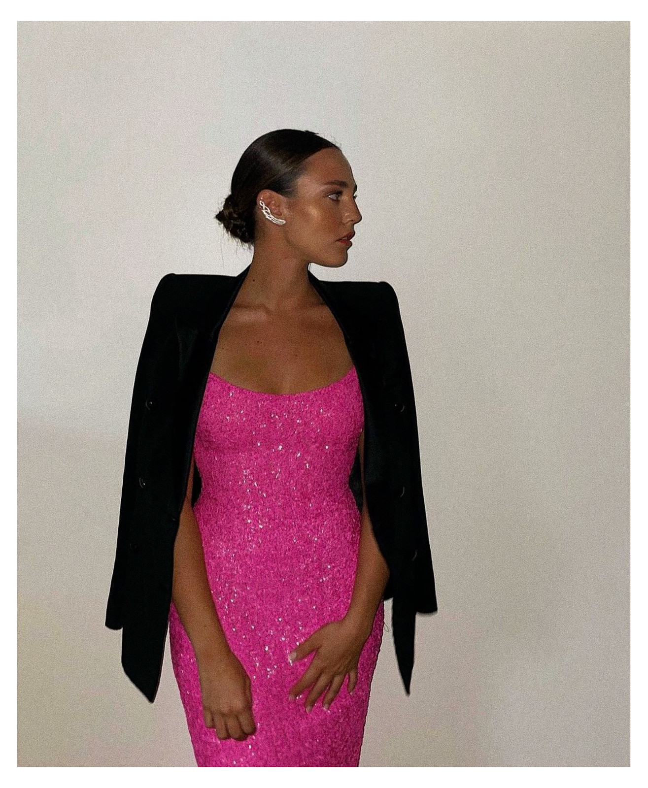 Hot Pink Sleeveless Sequin Dress with Draped Blazer — Sequin Dresses 2027