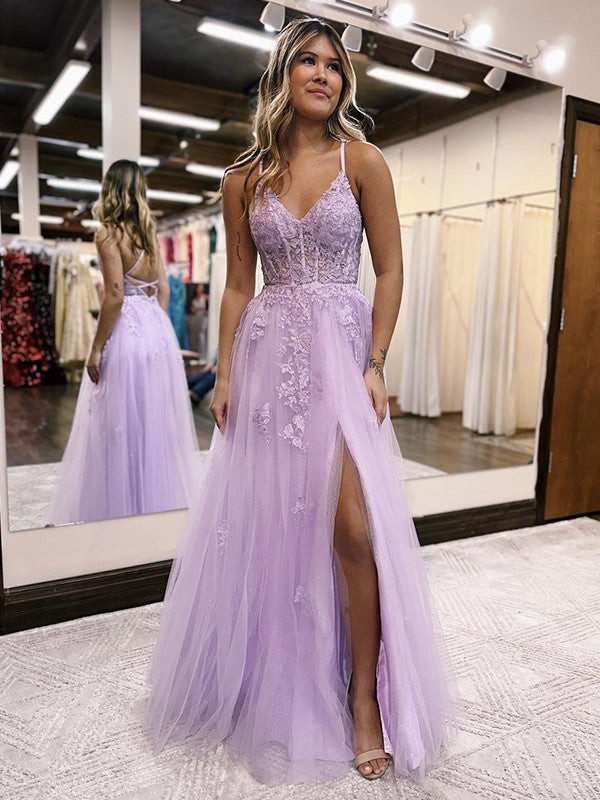Lavender Lace Corset Prom Dress with Floral Appliques and High Slit Lavender Lace Corset Prom Dress with Floral Appliques and High Slit — Corset Prom Dresses 2027