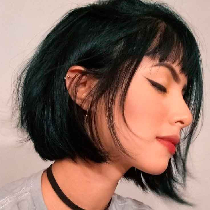 Dark Teal Bob with Wispy Bangs Dark Teal Bob with Wispy Bangs — Chin Length Bob 2027