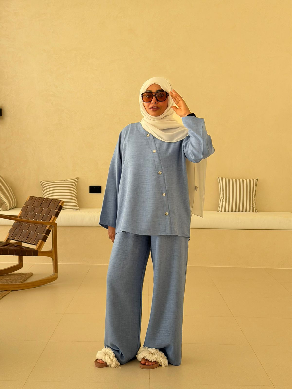 Light Blue Linen Set with Furry Slides Light Blue Linen Set with Furry Slides — Dubai Outfits 2027