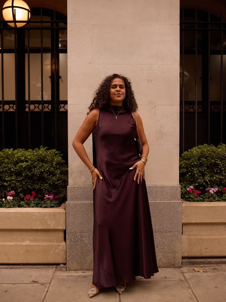 Deep Plum Satin Maxi Dress with Embellished Flats Deep Plum Satin Maxi Dress with Embellished Flats — Wedding Guest Outfits 2027