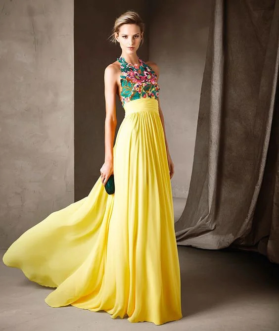 Yellow Chiffon Halter Gown with Floral Embellished Bodice Yellow Chiffon Halter Gown with Floral Embellished Bodice — Going Out Dresses 2027
