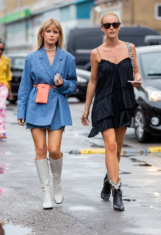Black Slip Dress with Blue Blazer and White Knee-High Boots Black Slip Dress with Blue Blazer and White Knee-High Boots — Dress 2027 with Boots Outfit