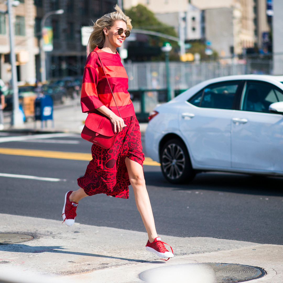 Red Striped Top And Asymmetric Midi Skirt Red Striped Top And Asymmetric Midi Skirt — Sneakers 2027 with Dress Outfits