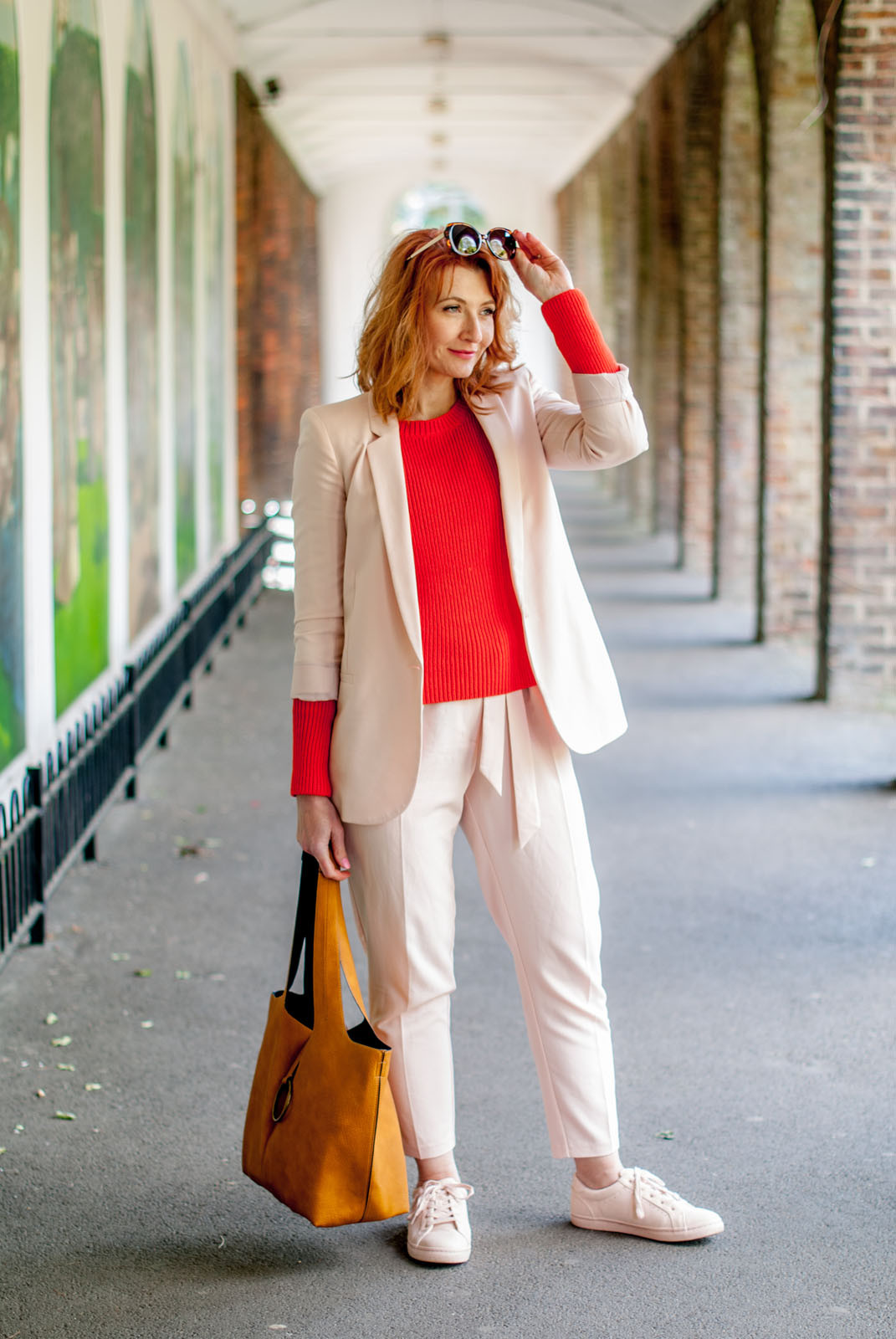 Pale Pink Blazer with Red Sweater and Matching Trousers Pale Pink Blazer with Red Sweater and Matching Trousers — Pink and Red Outfits 2027