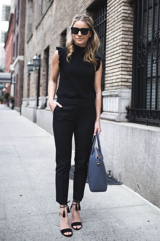 Black Ruffled Top with Slim-Fit Trousers Black Ruffled Top with Slim-Fit Trousers — Presentation Outfits 2027