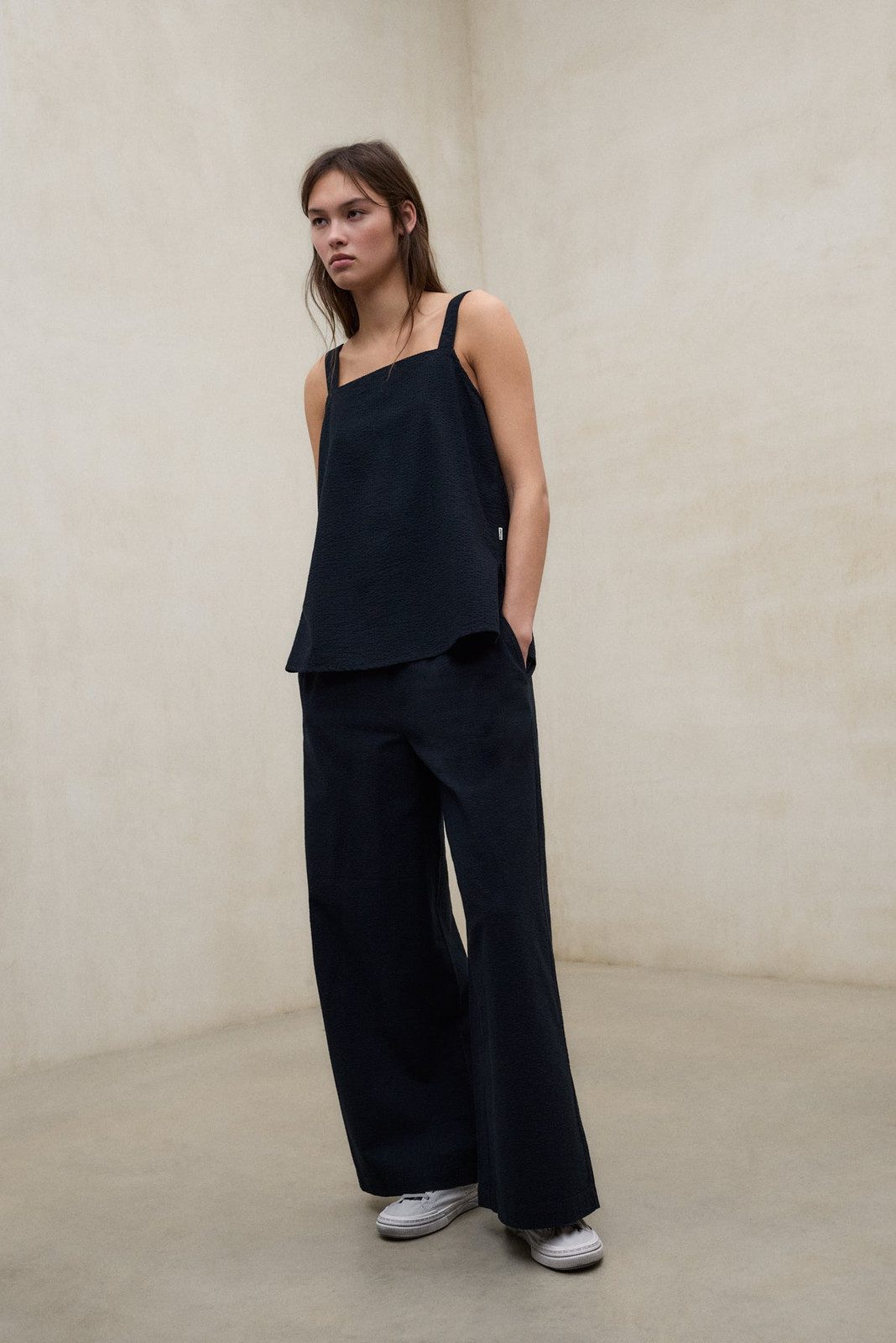 Minimalist Texture: Navy Wide-Leg Pants with Matching Square Neck Top Minimalist Texture: Navy Wide-Leg Pants with Matching Square Neck Top — Navy Blue Wide Leg Pants Outfits 2027