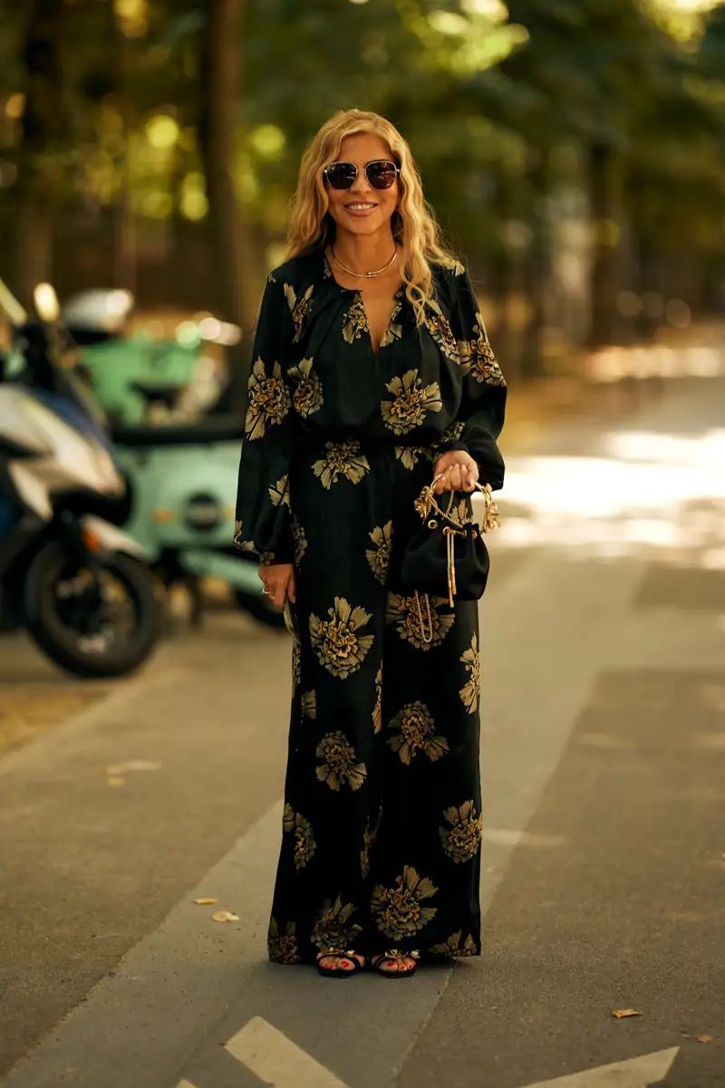 Chic Black Jumpsuit with Bold Gold Floral Print Chic Black Jumpsuit with Bold Gold Floral Print — Party Outfits 2027