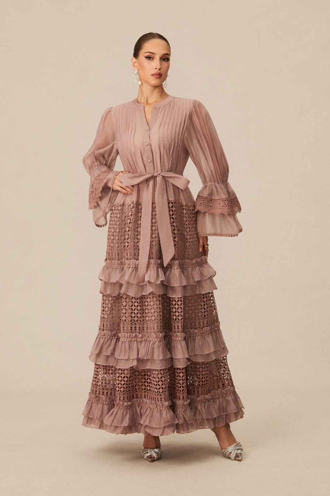 Dusty Rose Tiered Ruffle Maxi Dress with Lace Cuffs Dusty Rose Tiered Ruffle Maxi Dress with Lace Cuffs — Modest Dresses 2027