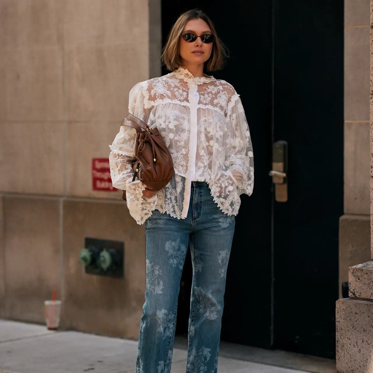 Floral Print Straight Leg Jeans with Sheer Lace Blouse and Backpack Floral Print Straight Leg Jeans with Sheer Lace Blouse and Backpack — Straight Leg Jeans 2027
