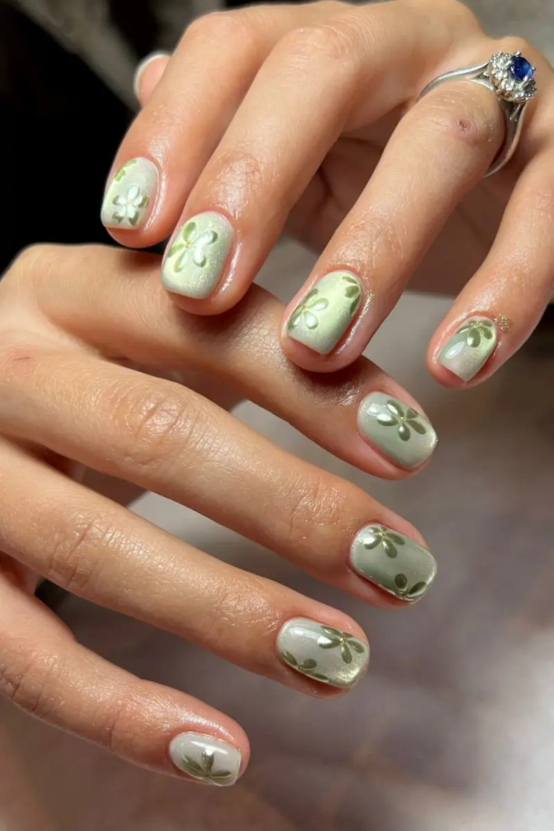 Pale Green Floral Shimmer Square Nails Pale Green Floral Shimmer Square Nails — Spring Square Nails 2027
