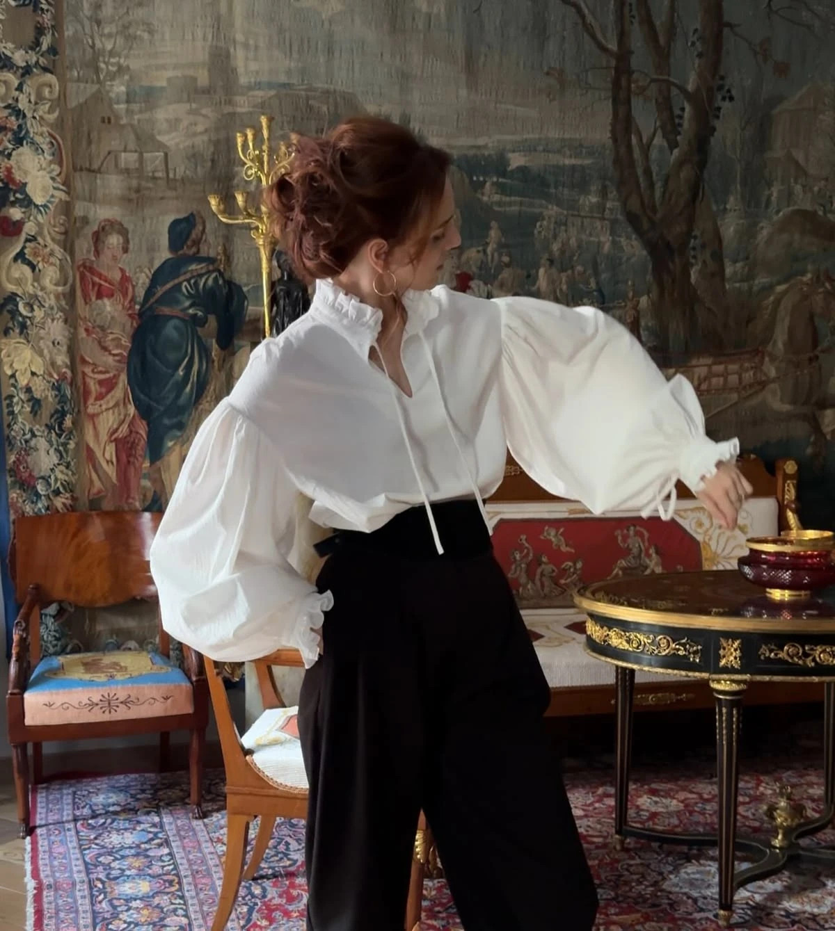 Dramatic Poet Blouse with Wide-Leg Trousers and Velvet Belt Dramatic Poet Blouse with Wide-Leg Trousers and Velvet Belt — Poetcore Outfits 2027