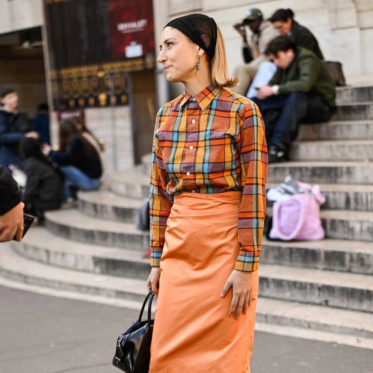 Color Pop: Multicolored Plaid Shirt with Solid Wrap Skirt Color Pop: Multicolored Plaid Shirt with Solid Wrap Skirt — Plaid Outfits 2027