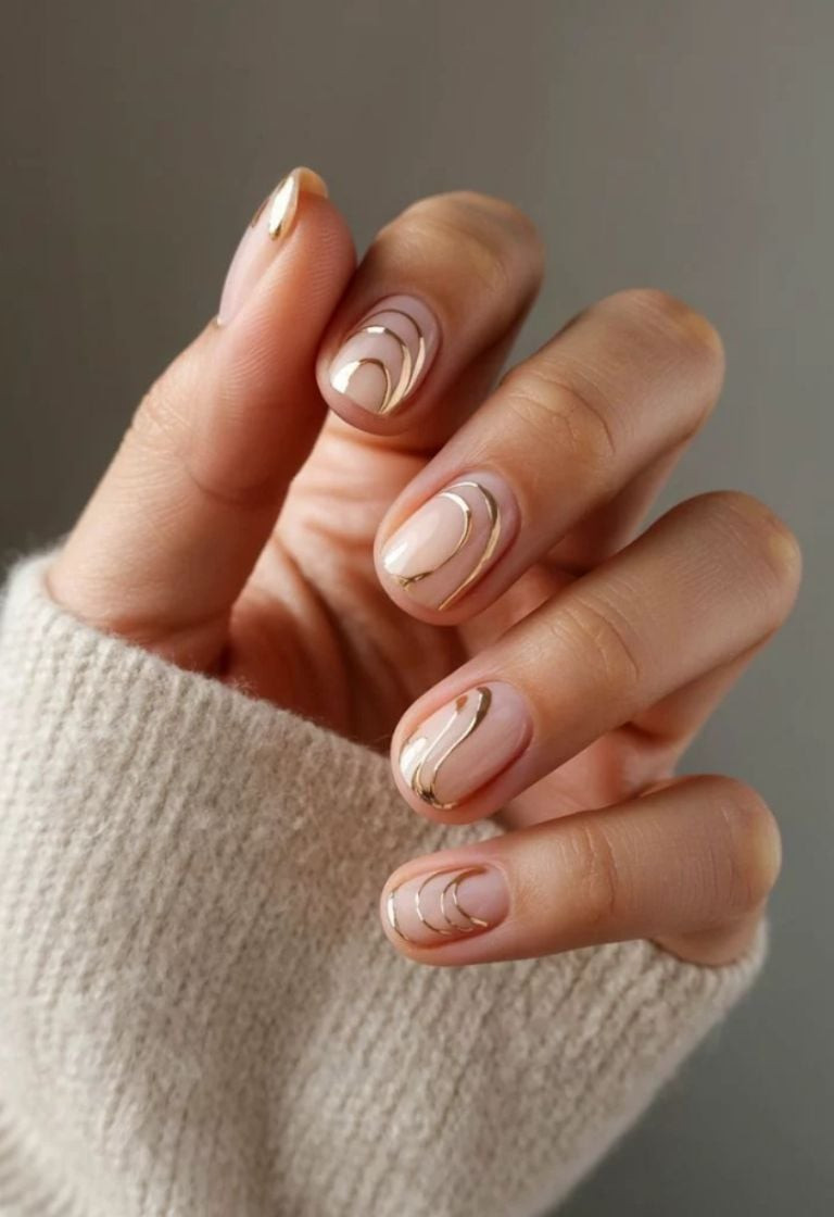 Sheer Nude Gold Foil Almond Nails Sheer Nude Gold Foil Almond Nails — Short Spring Nails 2027