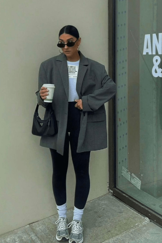 Oversized Blazer with Black Leggings and Grey Sneakers Oversized Blazer with Black Leggings and Grey Sneakers — Spring Outfits 2027 with Sneakers