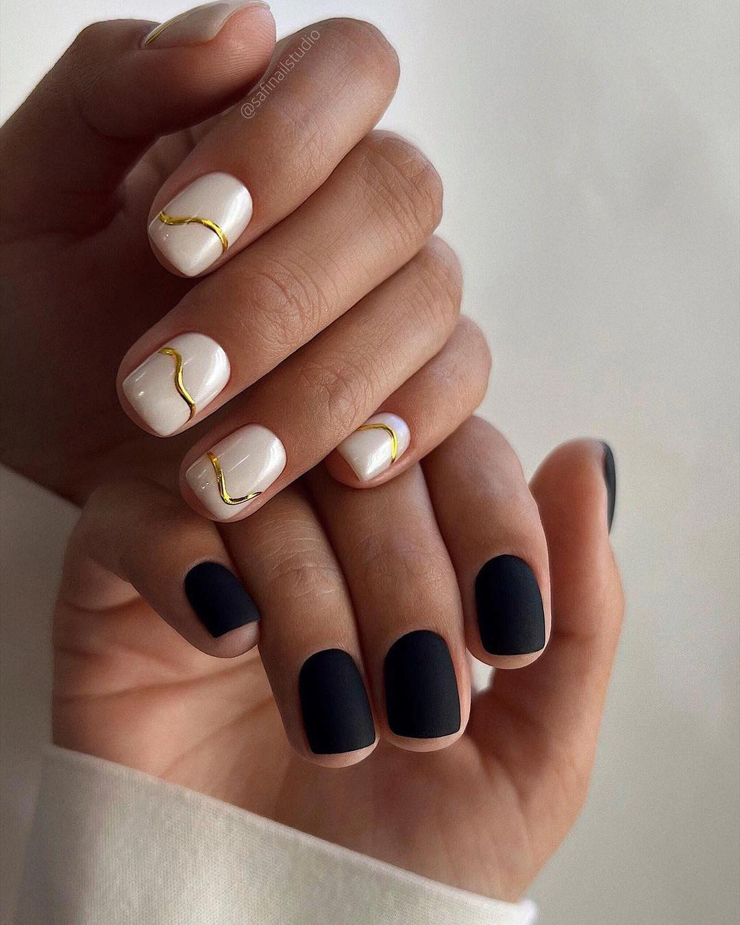Matte Black and White with Gold Lines Nails Matte Black and White with Gold Lines Nails — Winter Matte Nails 2027