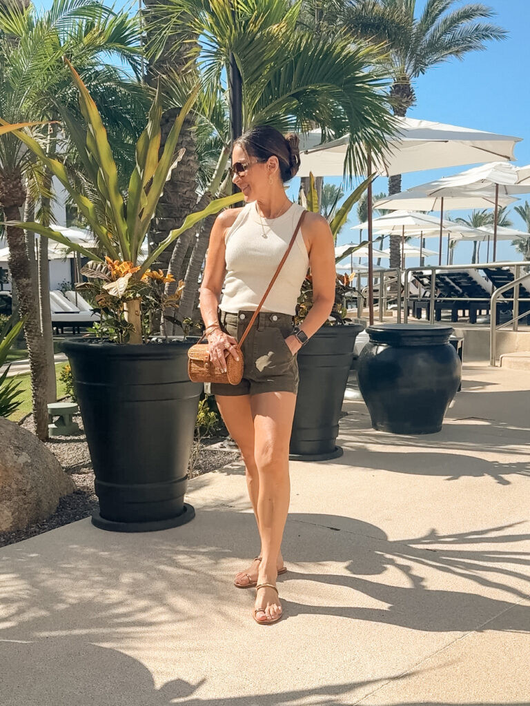 Cream Ribbed Tank Top and Olive Green Shorts for Casual Resort Cream Ribbed Tank Top and Olive Green Shorts for Casual Resort — Cabo Outfits 2027
