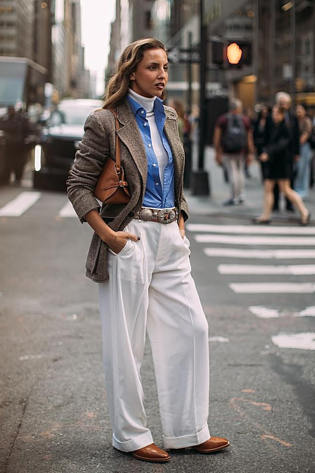 Brown Pointed-Toe Flats White Turtleneck Under Blue Shirt and Grey Tweed Blazer Brown Pointed-Toe Flats White Turtleneck Under Blue Shirt and Grey Tweed Blazer — Turtleneck Sweater Outfits 2027