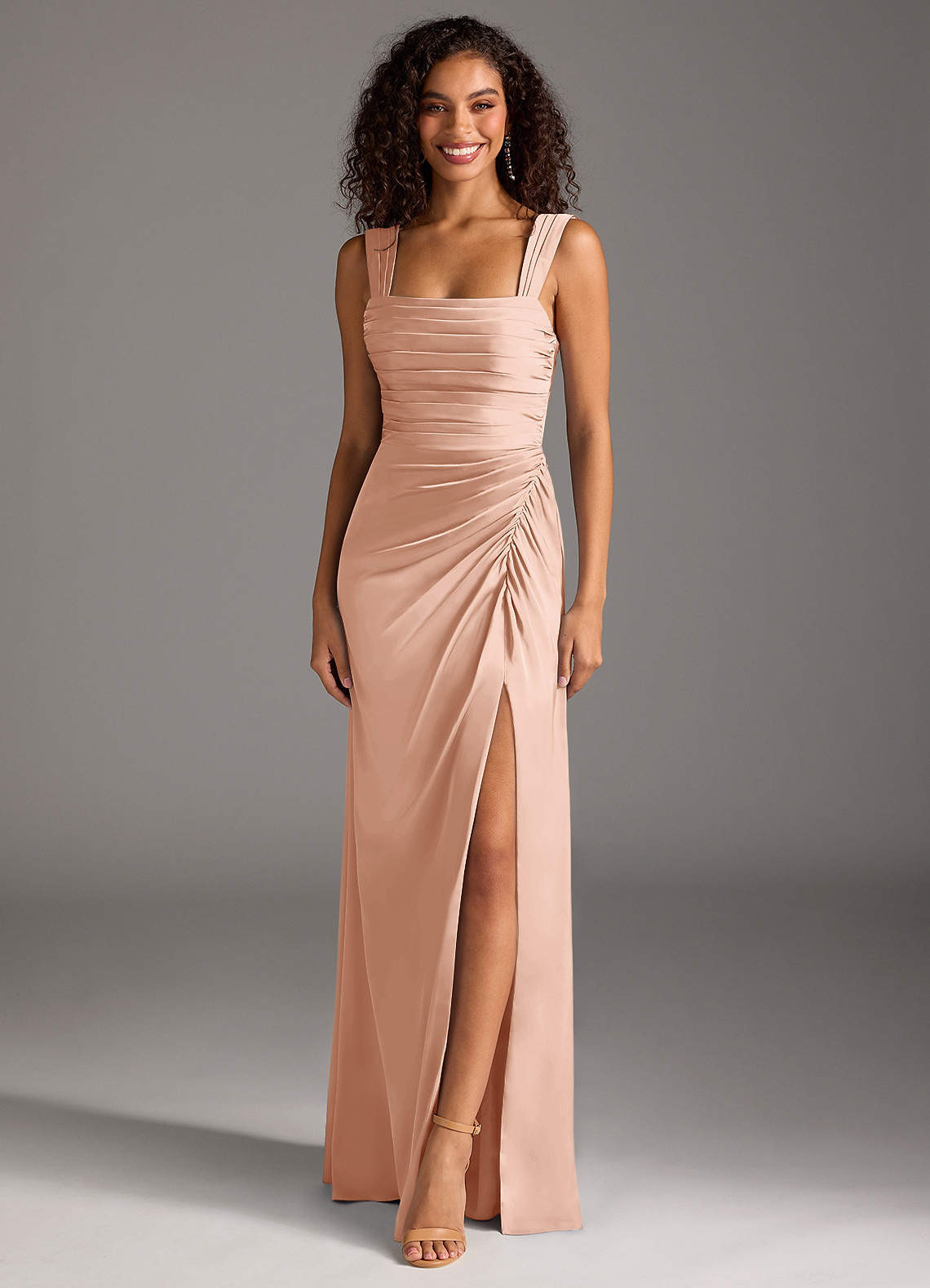 Peach Satin Dress with Ruched Bodice, Square Neckline, and High Slit — Satin Bridesmaid Dresses 2027