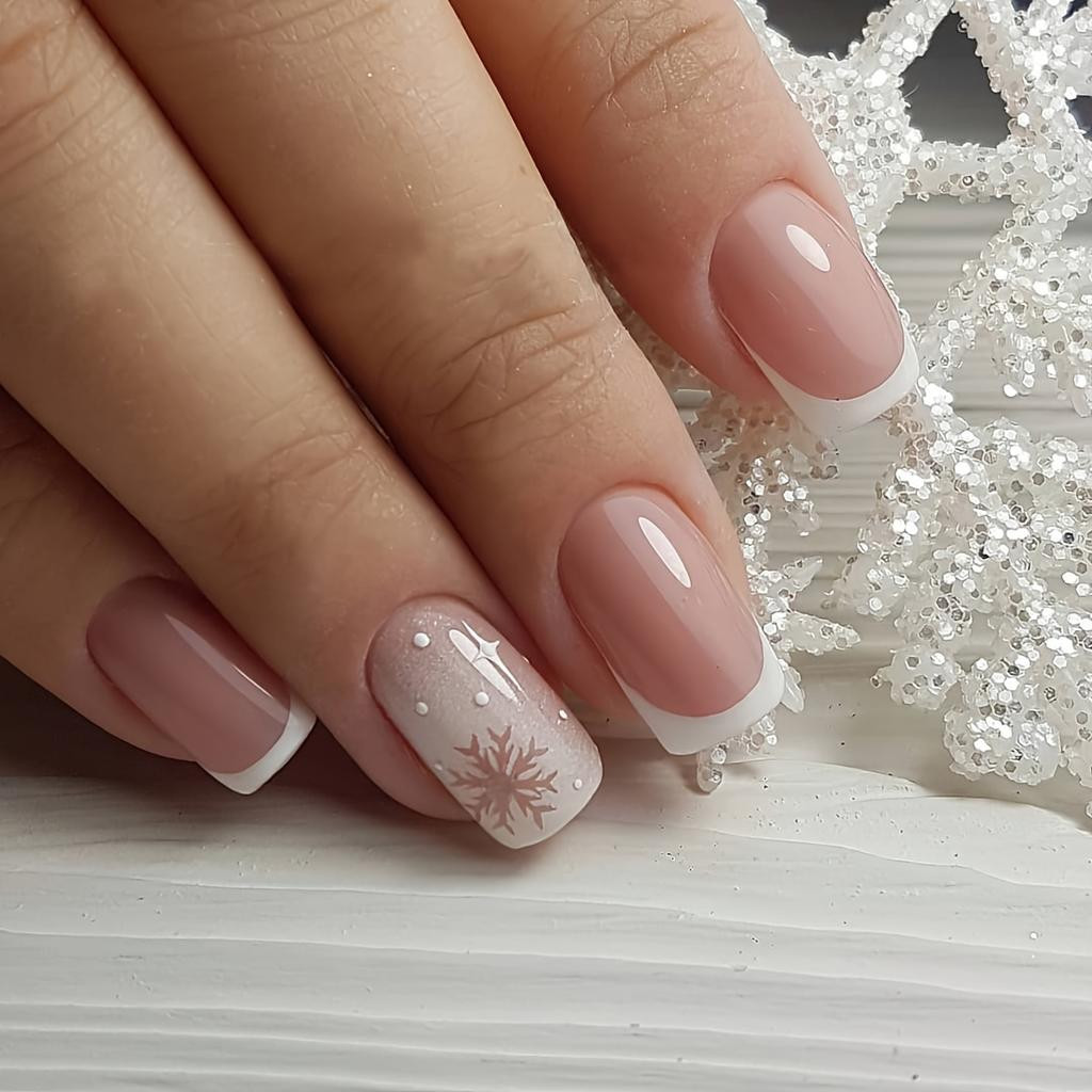 Short Nude Pink Glitter Snowflakes Short Nude Pink Glitter Snowflakes — Christmas Square Nails 2026