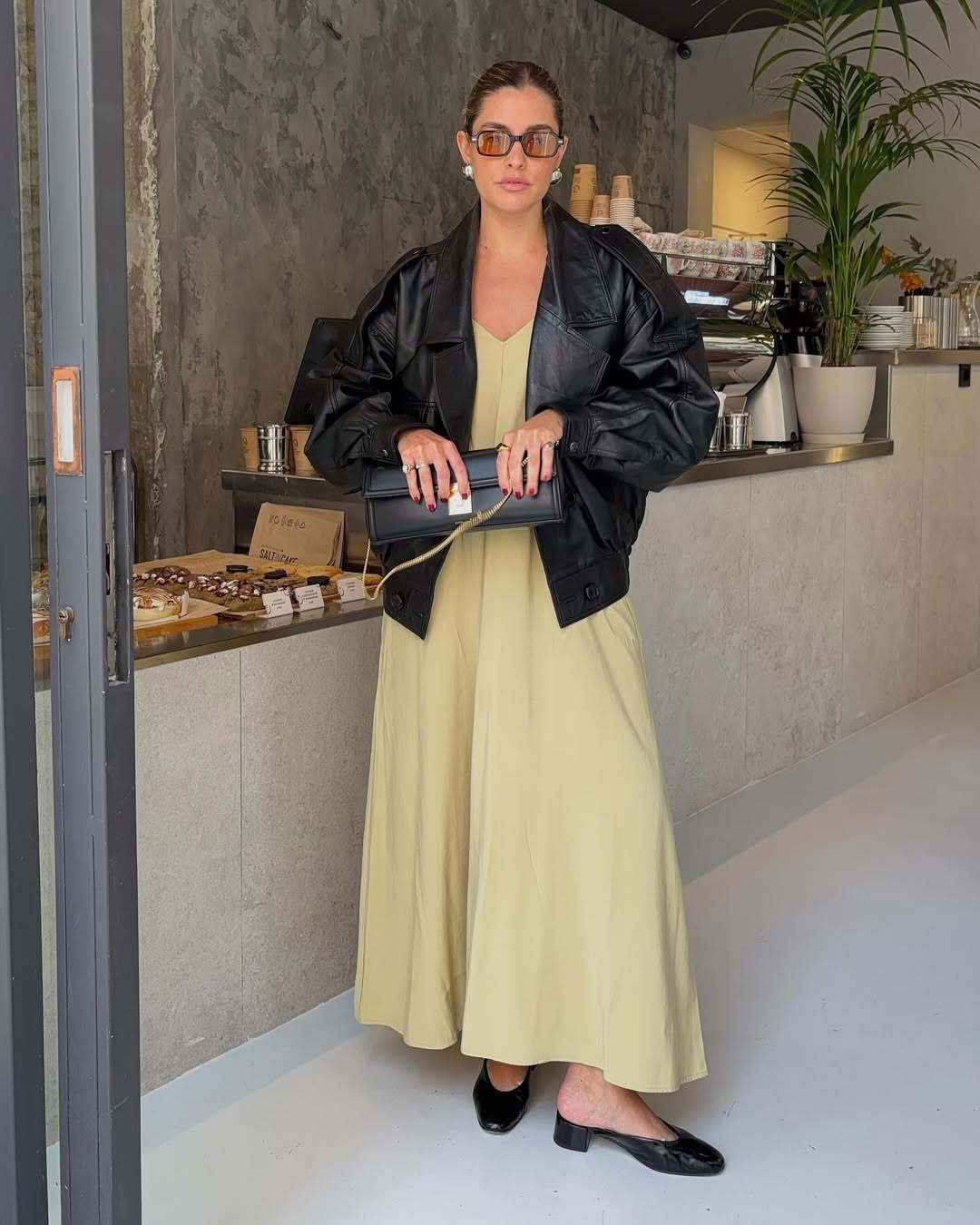 Pale Yellow Maxi Dress with Oversized Leather Jacket Pale Yellow Maxi Dress with Oversized Leather Jacket — Pale Yellow Outfits 2027