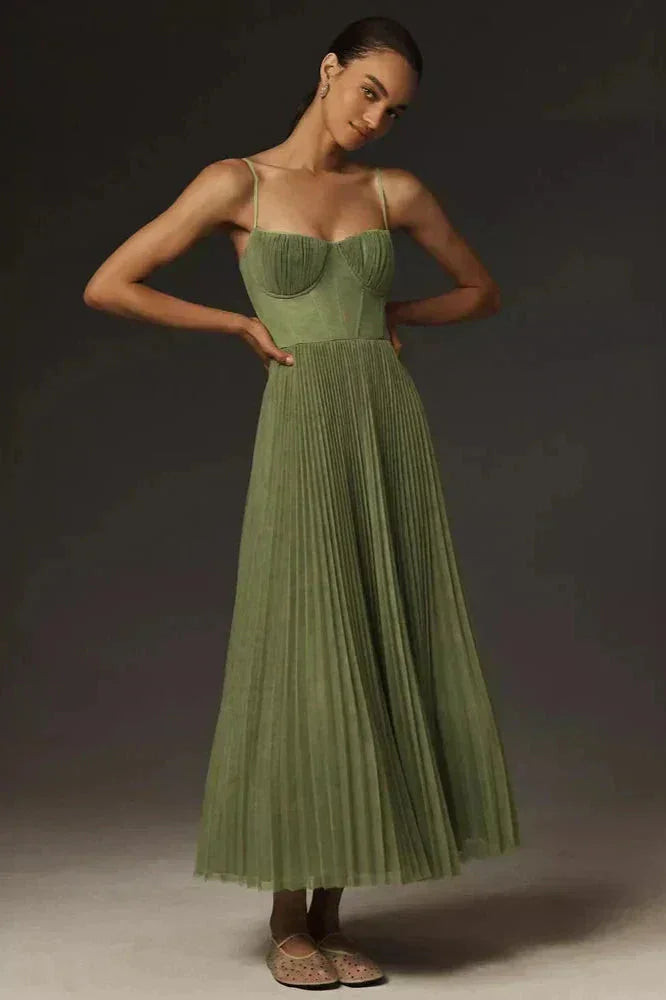 Olive Green Pleated Tulle Midi Dress with Corset Bodice Olive Green Pleated Tulle Midi Dress with Corset Bodice — Pleated Dress 2027