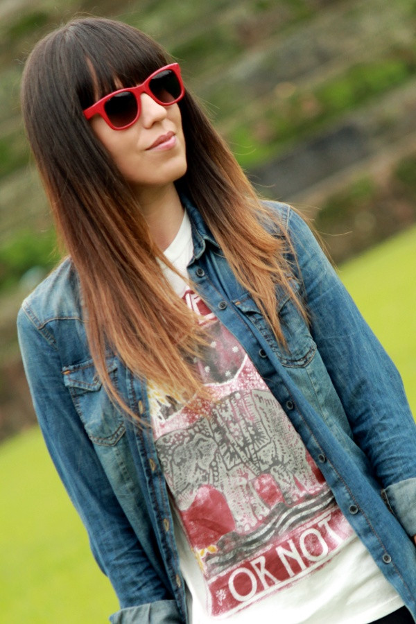 Denim Shirt Layered Over Graphic T-Shirt with Red Sunglasses Denim Shirt Layered Over Graphic T-Shirt with Red Sunglasses — Denim Shirt Outfits 2027