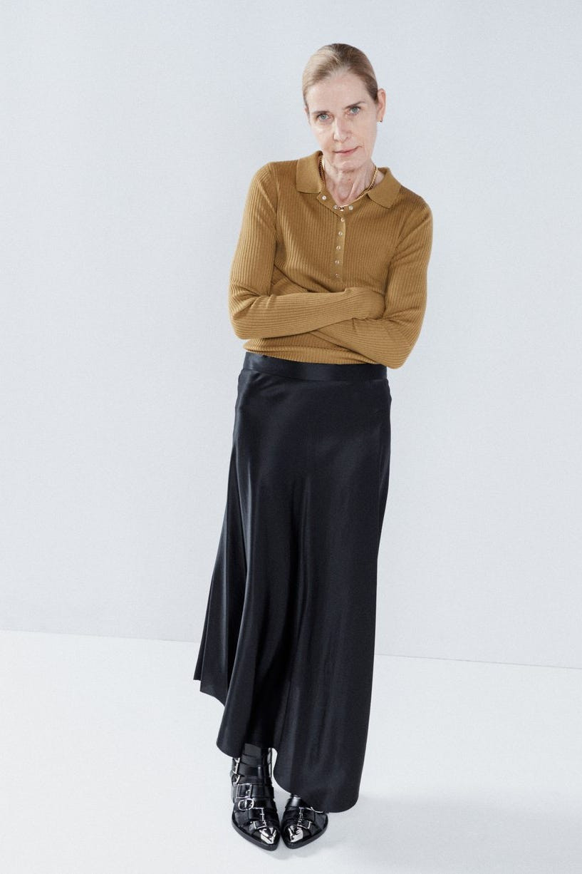 Ribbed Polo Shirt and Black Satin Skirt with Buckle Boots — Slip Skirt Outfits 2027