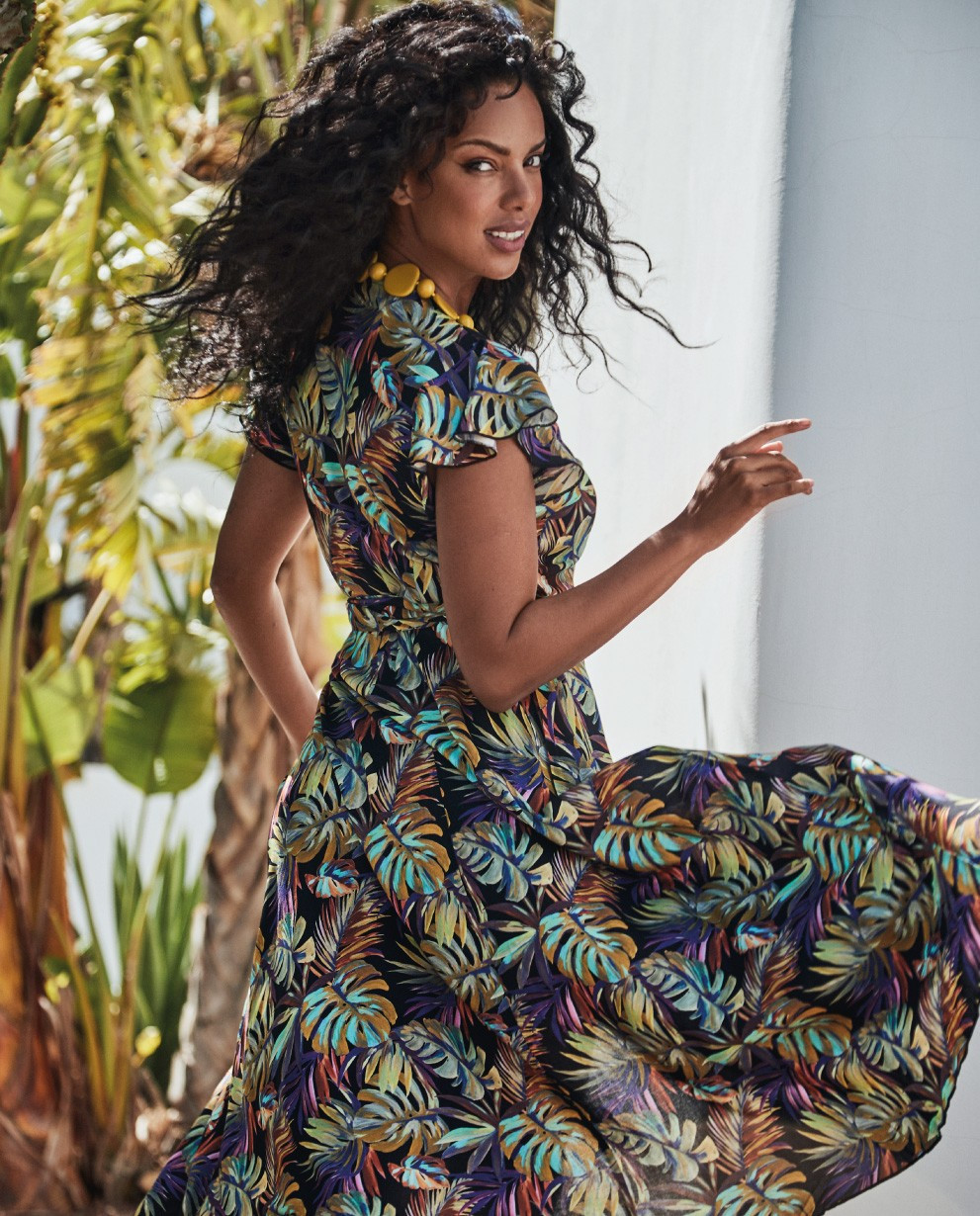 Black Tropical Print Midi Dress with Statement Earrings Black Tropical Print Midi Dress with Statement Earrings — Beach Dresses 2027