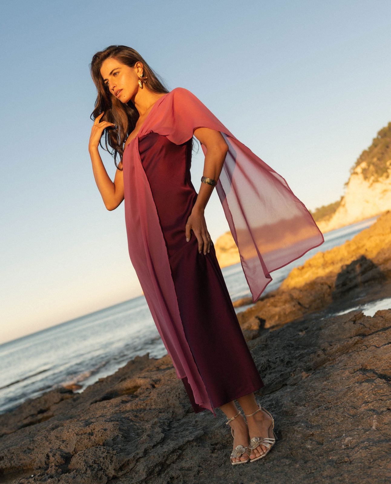 Burgundy Satin Dress with Pink Chiffon Draped Overlay Burgundy Satin Dress with Pink Chiffon Draped Overlay — Wedding Guest Outfits 2027