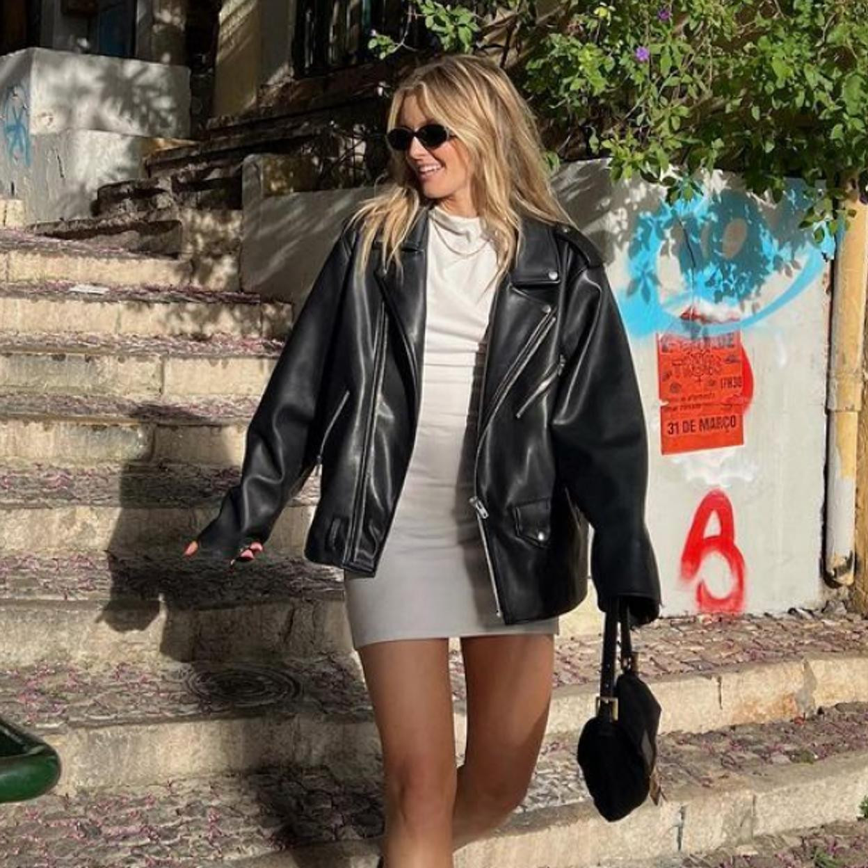 Leather Biker Jacket Over a White Mini Dress Leather Biker Jacket Over a White Mini Dress — Spring Europe Outfits 2027