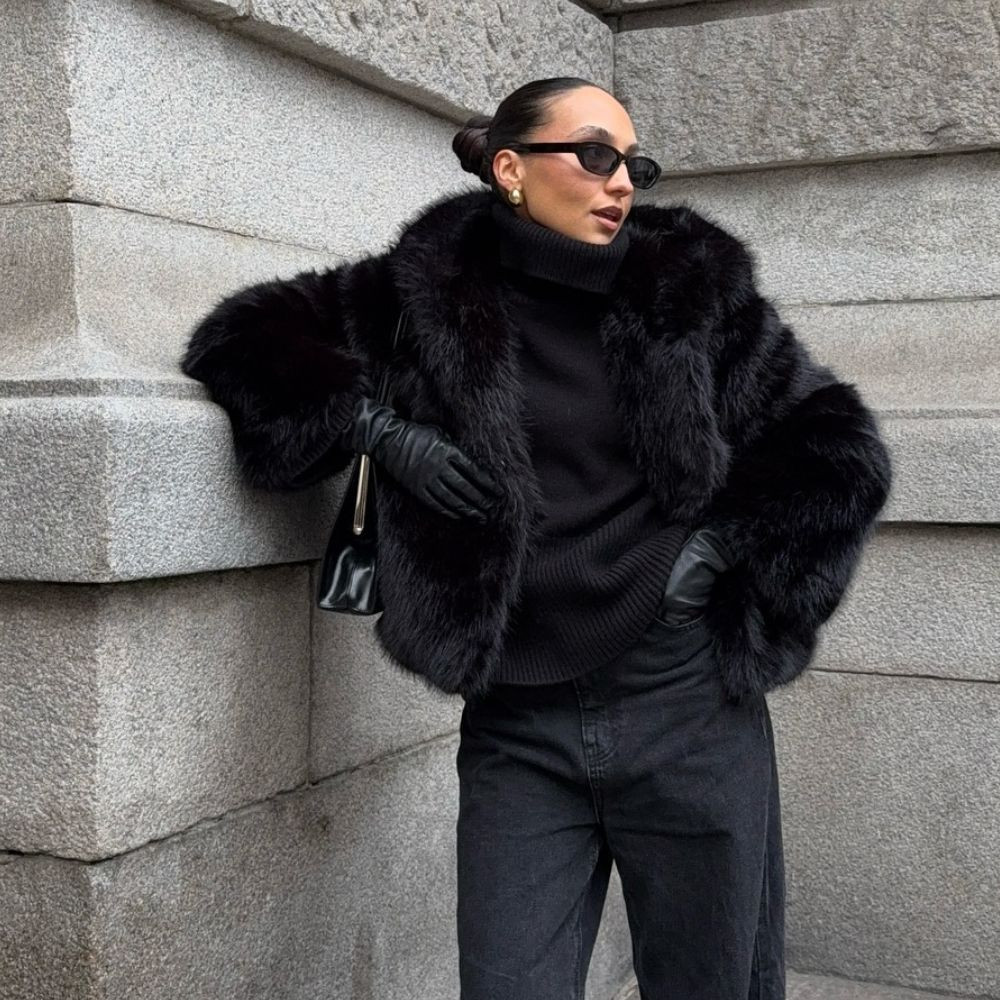 Monochromatic Black Faux Fur Look Monochromatic Black Faux Fur Look — Faux Fur Outfits 2027