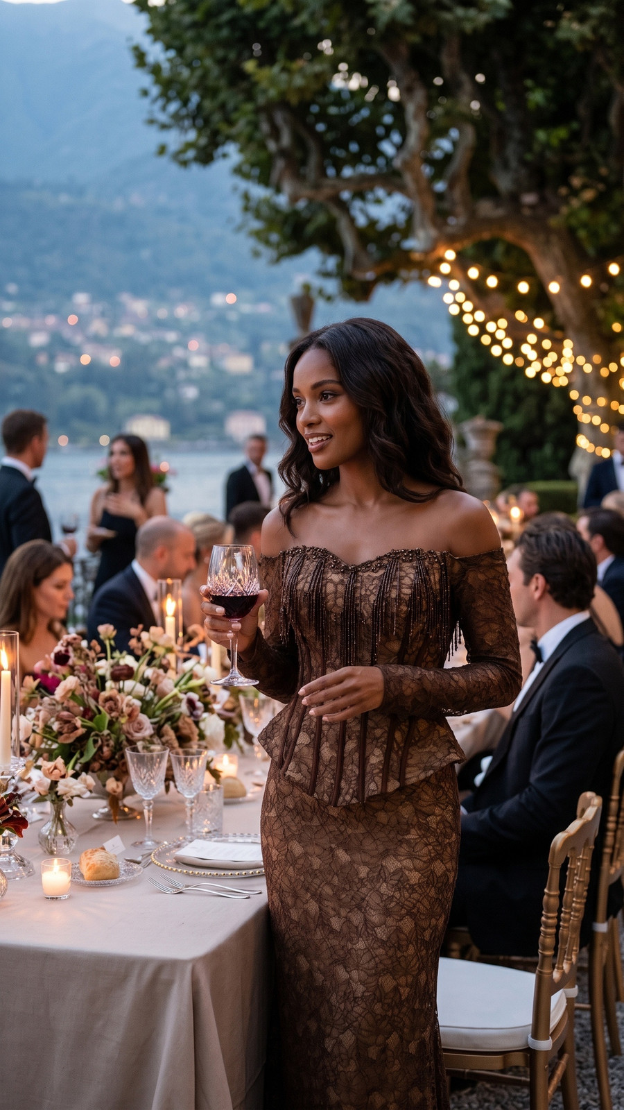Brown Lace Corset Dress with Long Sleeves and Beaded Fringe Brown Lace Corset Dress with Long Sleeves and Beaded Fringe — Corset Prom Dresses 2027