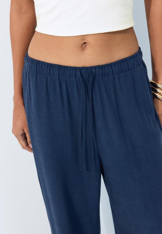 Linen Drawstring Waist: Navy Wide-Leg Pants with Crop Top Linen Drawstring Waist: Navy Wide-Leg Pants with Crop Top — Navy Blue Wide Leg Pants Outfits 2027