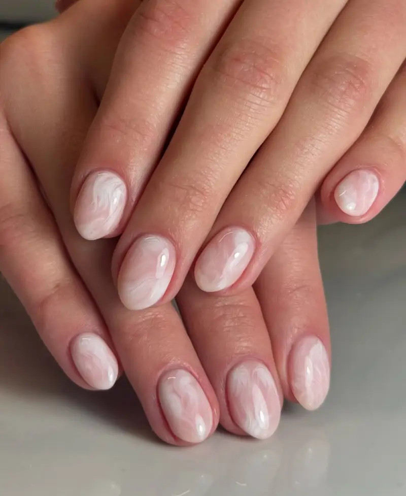 Glossy Short Oval Milky Pink Marble Glossy Short Oval Milky Pink Marble — Milky Pink Nails 2027
