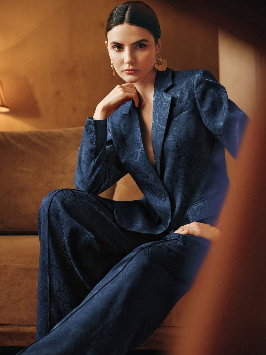 Navy Jacquard Blazer with Wide-Leg Trousers — Fitted Blazer Outfits 2027