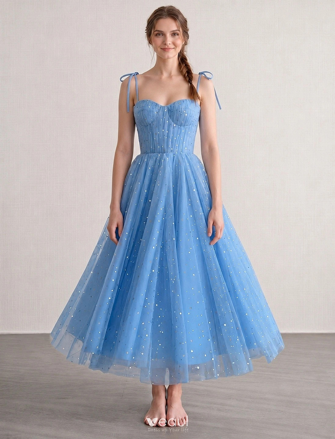 Light Blue Midi Dress with Star-Like Glitter Light Blue Midi Dress with Star-Like Glitter — Sweet 16 Dresses 2027