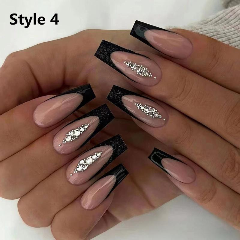 Matte Black and Glossy French with Rhinestones — Everyday Version Gothic Coffin Nails 2027