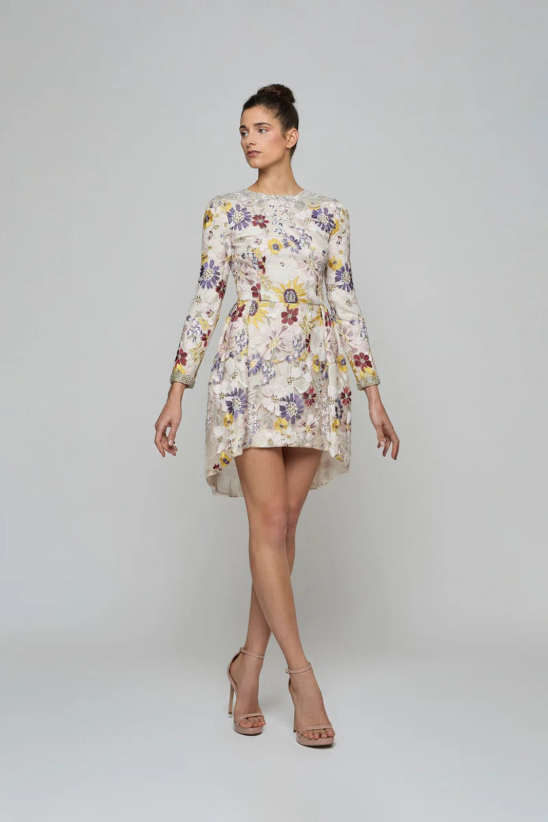 Embroidered Long-Sleeved Mini Dress with Belt — Short Prom Dresses 2027
