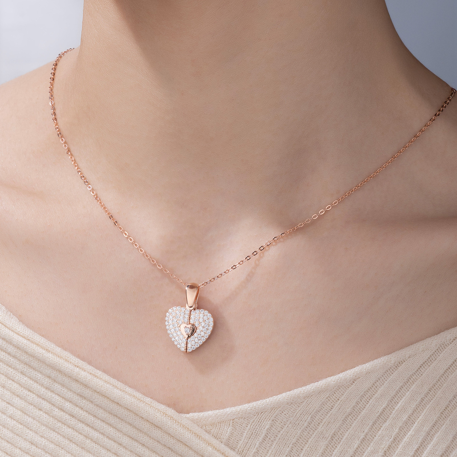 Beige Ribbed Knit Top Paired with a Pavé Heart Locket Beige Ribbed Knit Top Paired with a Pavé Heart Locket — Locket Necklaces 2027